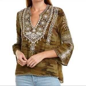 Johnny Was flare sleeve silk Camouflage embroidered Detail Blouse shirt